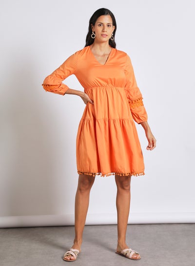 Buy Long Sleeve Mini Dress With Lace Trim 74 Orange in Saudi Arabia