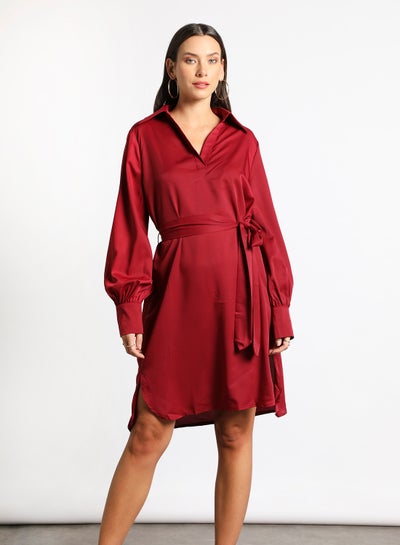 Buy Women's Casual Shirt Collar Solid Design Long Sleeve Midi Dress 3-Burgundy in Saudi Arabia