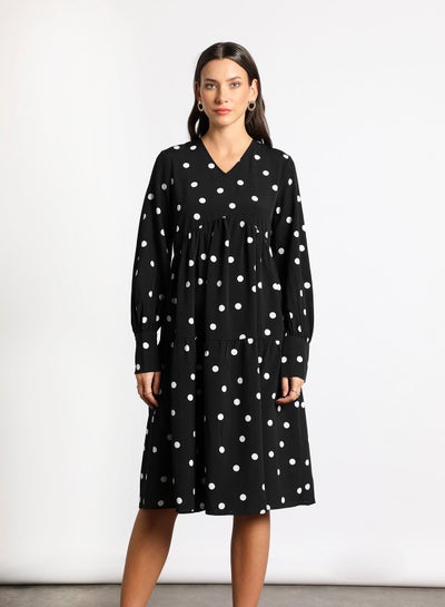 Buy Women's Casual V-Neck Dot Print Long Sleeve Maxi Dress 1-Black/White in Saudi Arabia