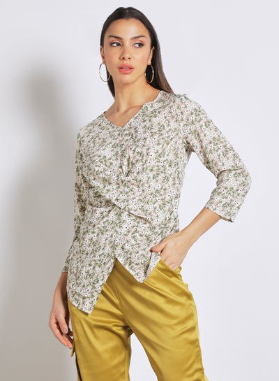 Buy Women's Casual V Neck Long Sleeve Print Top With Back Zipper Green Floral in UAE