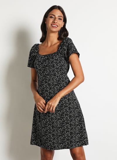 Buy Women'S Casual Mini Short Sleeve Print Dress Black/White in Saudi Arabia