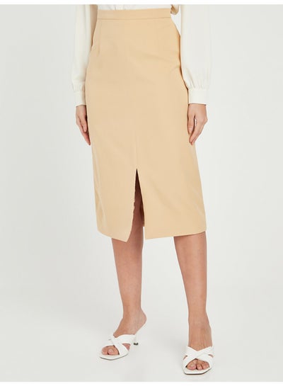 Buy Front Slit Detail Pencil Midi Skirt Beige in Saudi Arabia