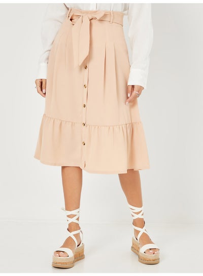 Buy Self Tie Belt Frill Detail A-Line Midi Skirt Beige in Saudi Arabia