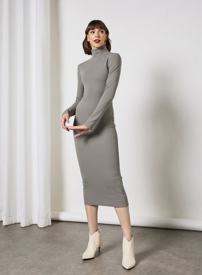 Buy Casual High Neck Long Sleeve Bodycon Evening Maxi Solid Knit Dress 63 Dark Grey in UAE