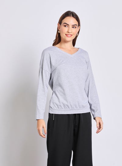 Buy Stylish Long- Pullover V - neck  long sleeves Grey in UAE