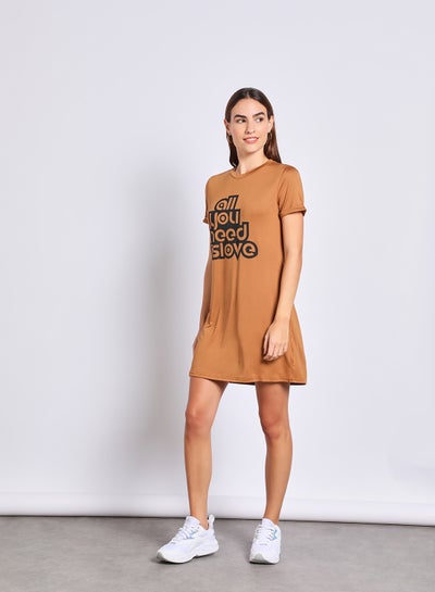 Buy Women'S Casual Mini Short Sleeve Solid Knit Dress With Print Brown in UAE