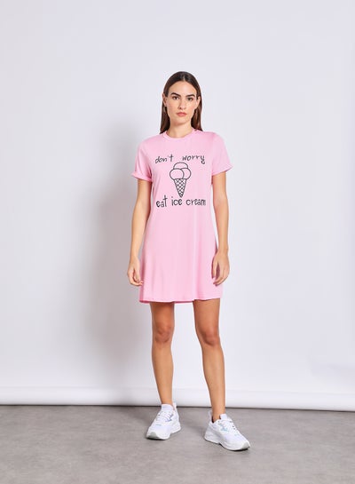 Buy Women'S Casual Knee Length Short Sleeve Printed Knit Dress Pink in UAE