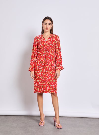 Buy Women'S Casual Midi Long Sleeve Evening Maxi Floral Dress Red in UAE