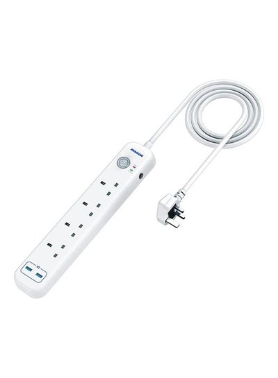 Buy 6 Way 2 USB Ports + 4 AC Outlets Fast Charging Surge Protection 13A Power Strip Extension Cord White 33x6x3cm in UAE