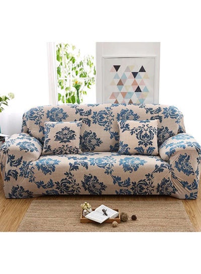 Buy 3-Seater Exquisitely Floarl Designed Wrinkle-free Anti-slip 360-degree Full Coverage Sofa Slipcover Beige/Blue Length Stretch From 190 To 230cm in UAE