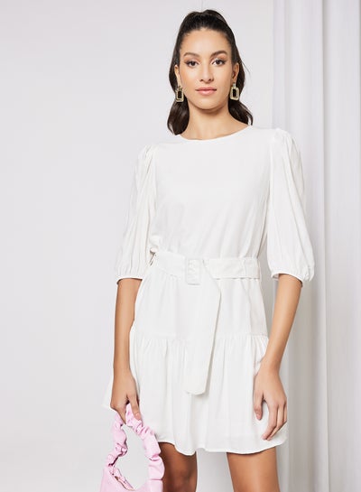 Buy Puff Sleeve Belted Dress White in Saudi Arabia