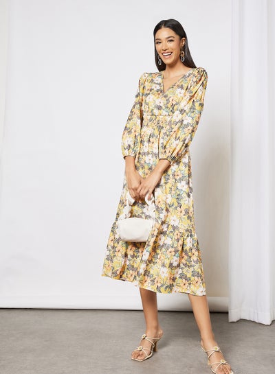 Buy Floral Print V-Neck Dress Yellow in Egypt