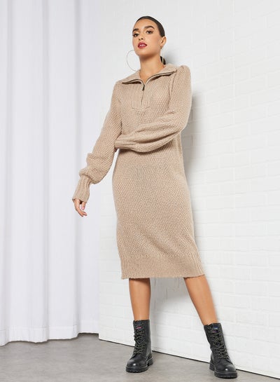 Buy Half-Zip Knitted Dress Brown in UAE