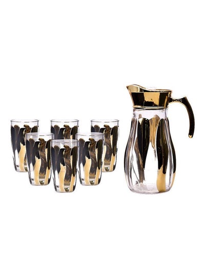 Buy 7-Piece Glass And Jug Set Includes 6xGlass -284 ml, 1xJug -1400 ml Clear/Gold/Black in UAE