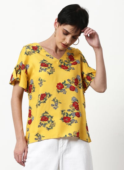 Buy Floral Printed Regular Fit Woven Top Yellow in UAE