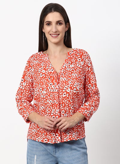 Buy Floral Printed Casual Woven Top Orange in Saudi Arabia