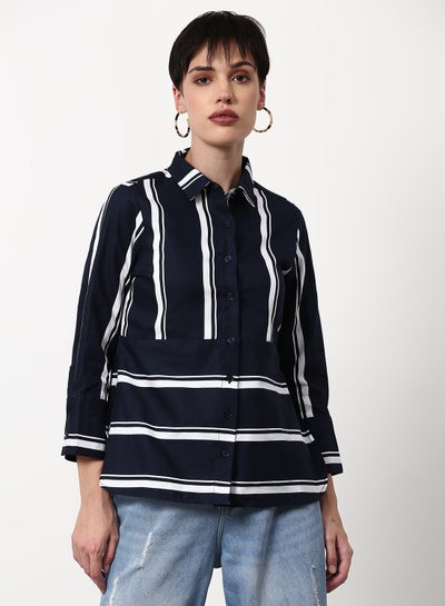 Buy Striped Pattern Regular Fit Woven Top Navy in Saudi Arabia