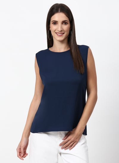 Buy Solid Pattern Regular Fit Woven Top Navy Blue in UAE