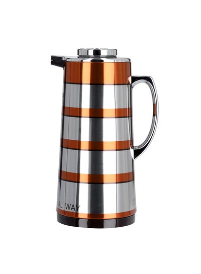 Buy Royalford RF9588 - Double Wall Golden Figured Vacuum Flask | 1.3 L | Portable Heat Insulated Thermos for Keeping Hot/Cold 24 & 36 Hours Retention | Push Button | Coffee, Hot Water, Tea, Beverage | Ideal for Commercial & Outings Silver/Orange/Black in Saudi Arabia