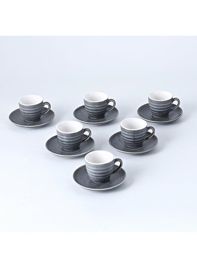 Buy 12-Piece Kiln Variable Glaze Process Round Linear Ceramic Cup And Saucer Set Grey 11x9x6.5cm in UAE