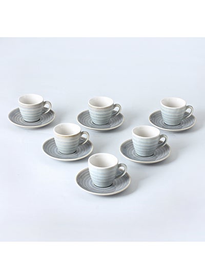 Buy 12-Piece Kiln Variable Glaze Process Round Linear Ceramic Cup And Saucer Set Light Green/White 11x9x6.5cm in UAE