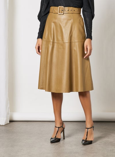 Buy Belted Leather Midi Skirt Brown in Saudi Arabia