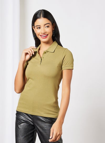 Buy Women's Basic Casual Polo Neck Cotton Comfort Fit Half Sleeve T-Shirt Olive in UAE