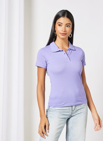 Buy Women's Basic Casual Polo Neck Cotton Comfort Fit Short Sleeve T-Shirt in Premium Bio washed cotton Purple in Saudi Arabia