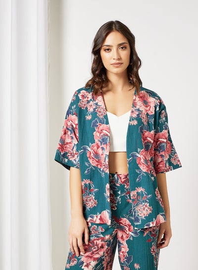 Buy Floral Short Kimono Teal in Saudi Arabia