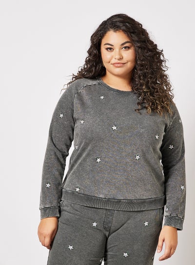 Buy Plus Size Floral Embroidered Sweatshirt Grey in Saudi Arabia