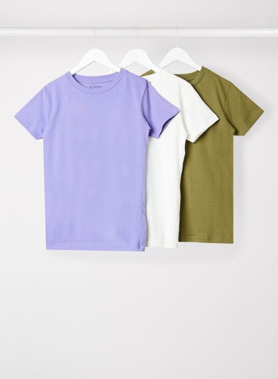 Buy Pack Of 3 Women's Basic Crew Neck Cotton Biowashed Fabric Comfort Fit Stylish Design T-Shirt Olive/Purple/Vaporous Grey in Saudi Arabia