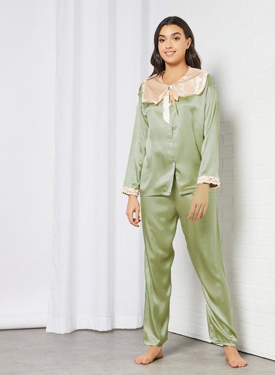 Buy Satin Top and Pants Set Green in UAE