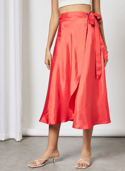 Buy Solid Pattern Tie-Waist Midi Skirt Coral in Saudi Arabia