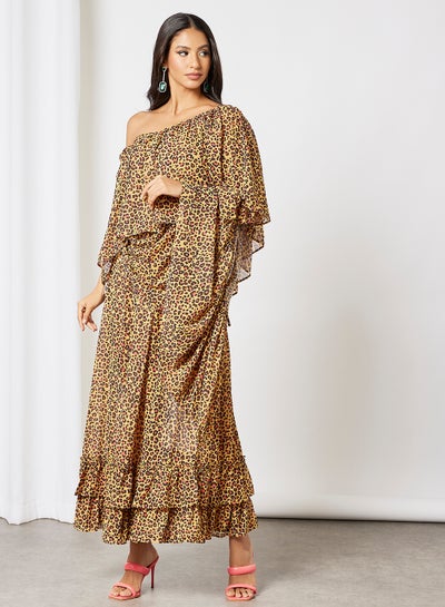 Buy Leopard Print Ruffled Saree With Blouse Yellow in UAE