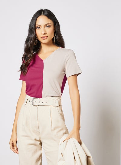 Buy Women's V Neck Colour Block Short Sleeve Knitted Top Wine/Light Grey in Saudi Arabia