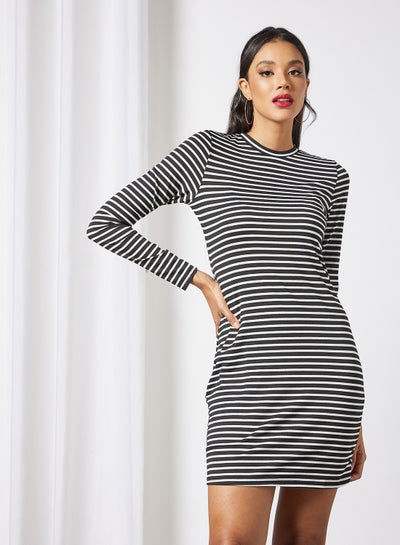 Buy Women's Casual Round Neck Long Sleeve Horizontal Stripe Fitted Mini Knit Dress Black/White in Saudi Arabia