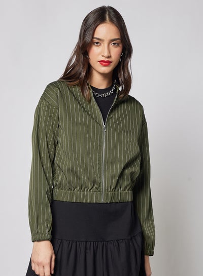 Buy Stripes Design Casual Wear Front Zipper Long Sleeves Jacket Olive/White in Saudi Arabia