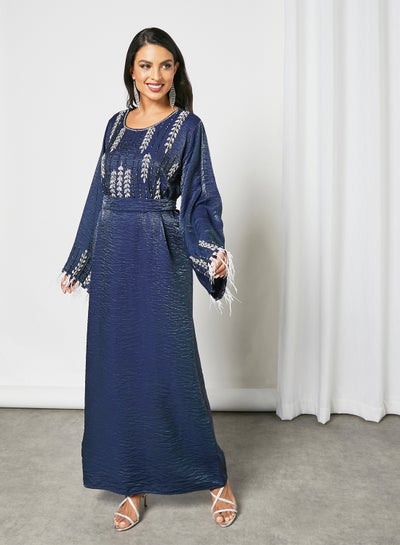 Buy Embellished Scoop Neck Jalabiya With Belt Dark Blue in UAE