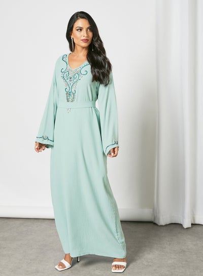 Buy Embellished V-Neck Beaded Jalabiya With Belt Light Blue in UAE