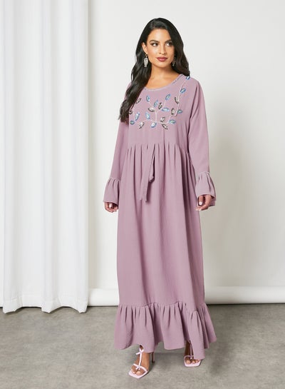 Buy Stylish Embellished Scoop Neck Long Sleeve Jalabiya Lilac in UAE