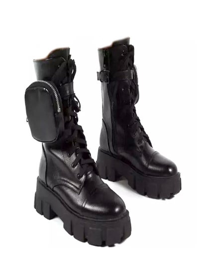 Buy Wide Fit Chunky Pouch Martin Style Combat Ankle Boots Black in Saudi Arabia