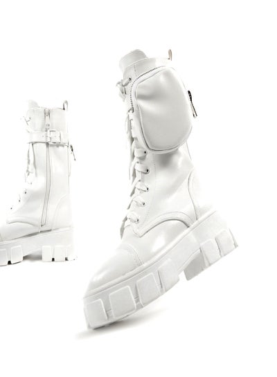 Buy Wide Fit Chunky Pouch Martin Style Combat Ankle Boots White in Saudi Arabia