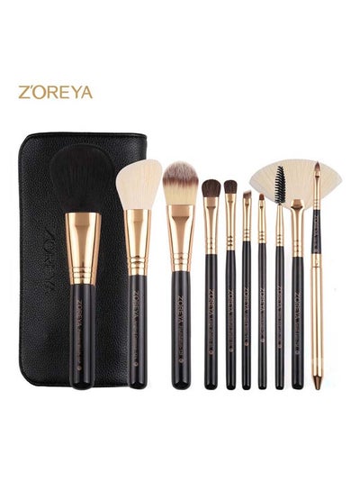 Buy 10 Pcs Premium Quality Makeup Brush Set - Black Leather Case Black/Gold in Egypt