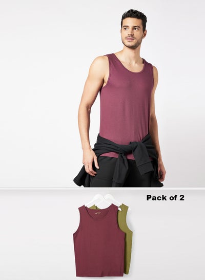 Buy 2 Pack Of Men’s Designer Modern Fit Solid Innerwear Vest Maroon/Olive in UAE