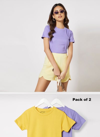 Buy Pack Of 2 Women's Basic Crew Neck Cotton Biowashed Fabric Comfort Fit Stylish Design T-Shirt Yellow/Purple in UAE