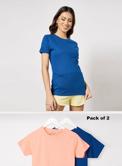 Buy Women's Pack of 2 T-Shirts Crew Neck Short Sleeves in Premium Bio washed Cotton Navy/Pink in Saudi Arabia