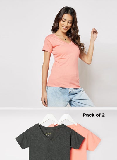 Buy Women's Pack of 2 T-Shirts Casual Regular Fit V Neck Short Sleeves in Premium Bio washed Cotton Charcoal Melange/Pink in Saudi Arabia