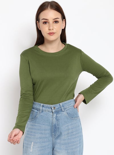 Buy Solid Crew Neck Long Sleeves T-Shirt Olive Green in UAE