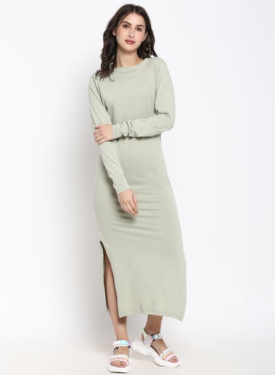 Buy Casual long evening midi dress with side slit long sleeves Desert Sage in UAE