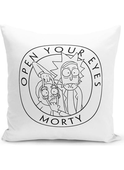 Buy Open You Eyes Funny Cartoon Morty Rick Themed Throw Pillow White/Black 16x16inch in UAE